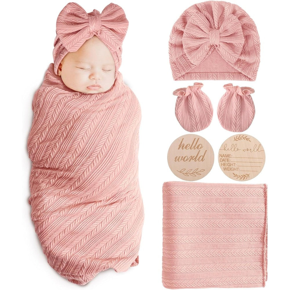 AQOKKA newborn swaddle blanket set with bow hat and accessories