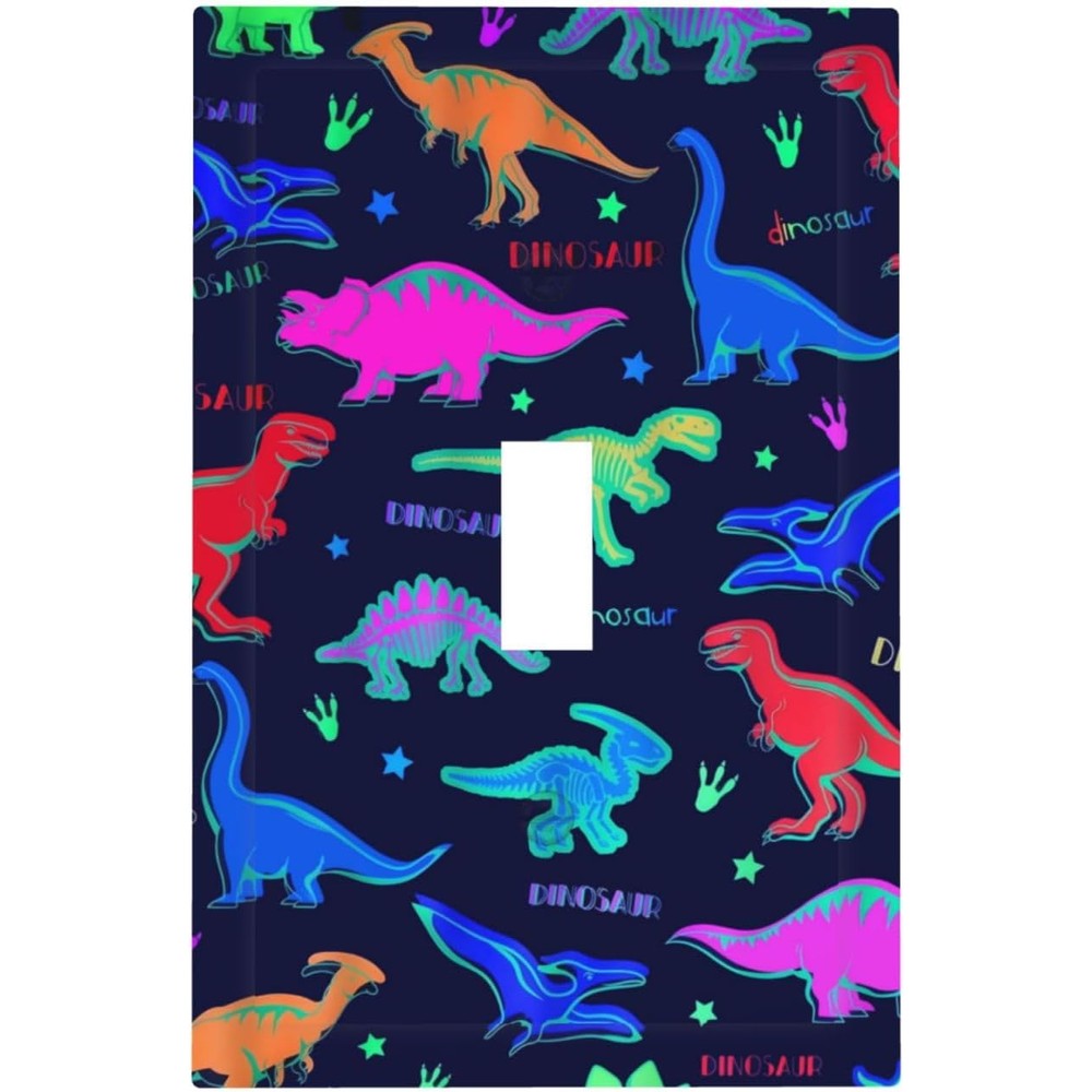 Brinkaloo blue dinosaur light switch cover front view showing vibrant neon dinosaur graphics on a dark navy background.