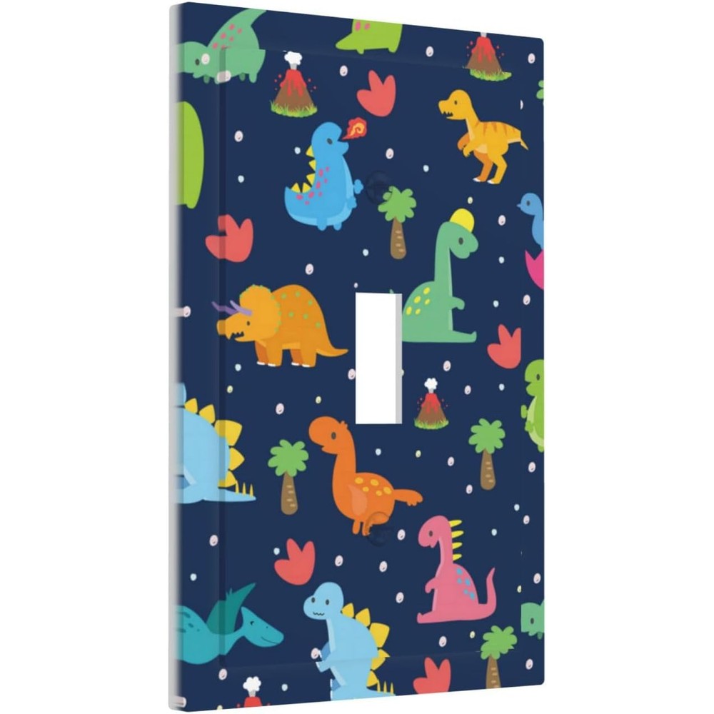 Yamxbfa dinosaur light switch cover front view showing colorful cartoon prehistoric graphics on a navy blue background.
