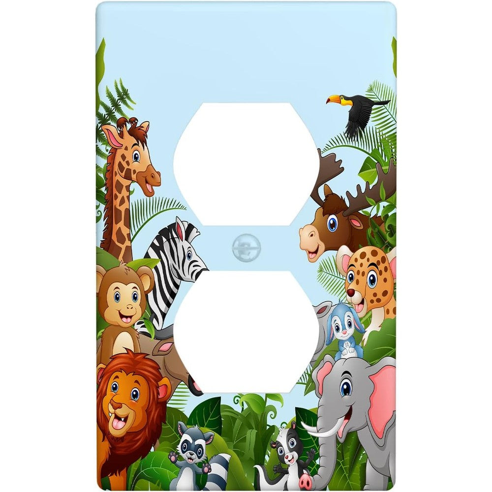 Czrouz cartoon forest animals duplex light switch cover front view showcasing colorful elephant giraffe and lion illustration