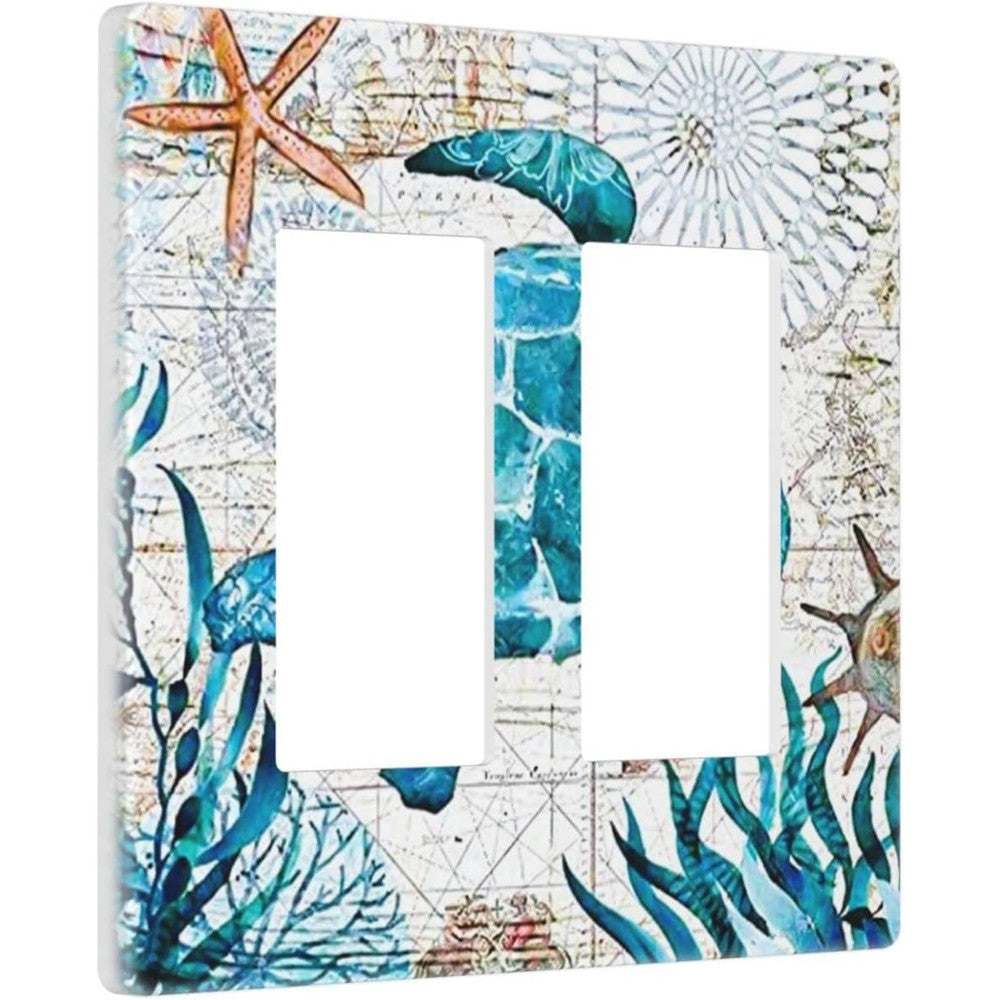 JIEXUTE nautical sea turtle 2 gang decora wall plate front view showing detailed blue ocean world map artwork.