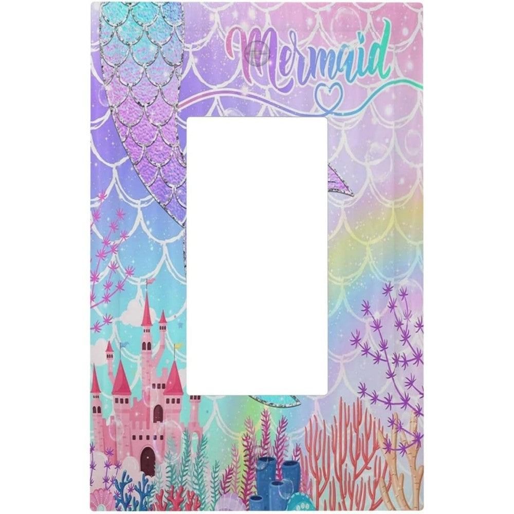 Sghxwp silvery glitter mermaid tail light switch cover front view showing the fantasy castle pattern for kids bedroom decor.
