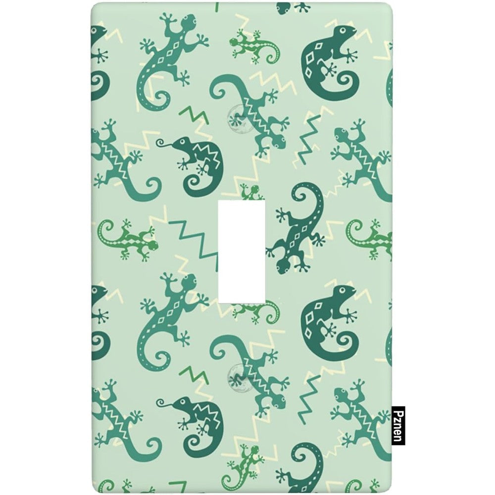 Pznen reptile pattern single toggle wall plate front view showcasing vivid green lizard and chameleon artwork.
