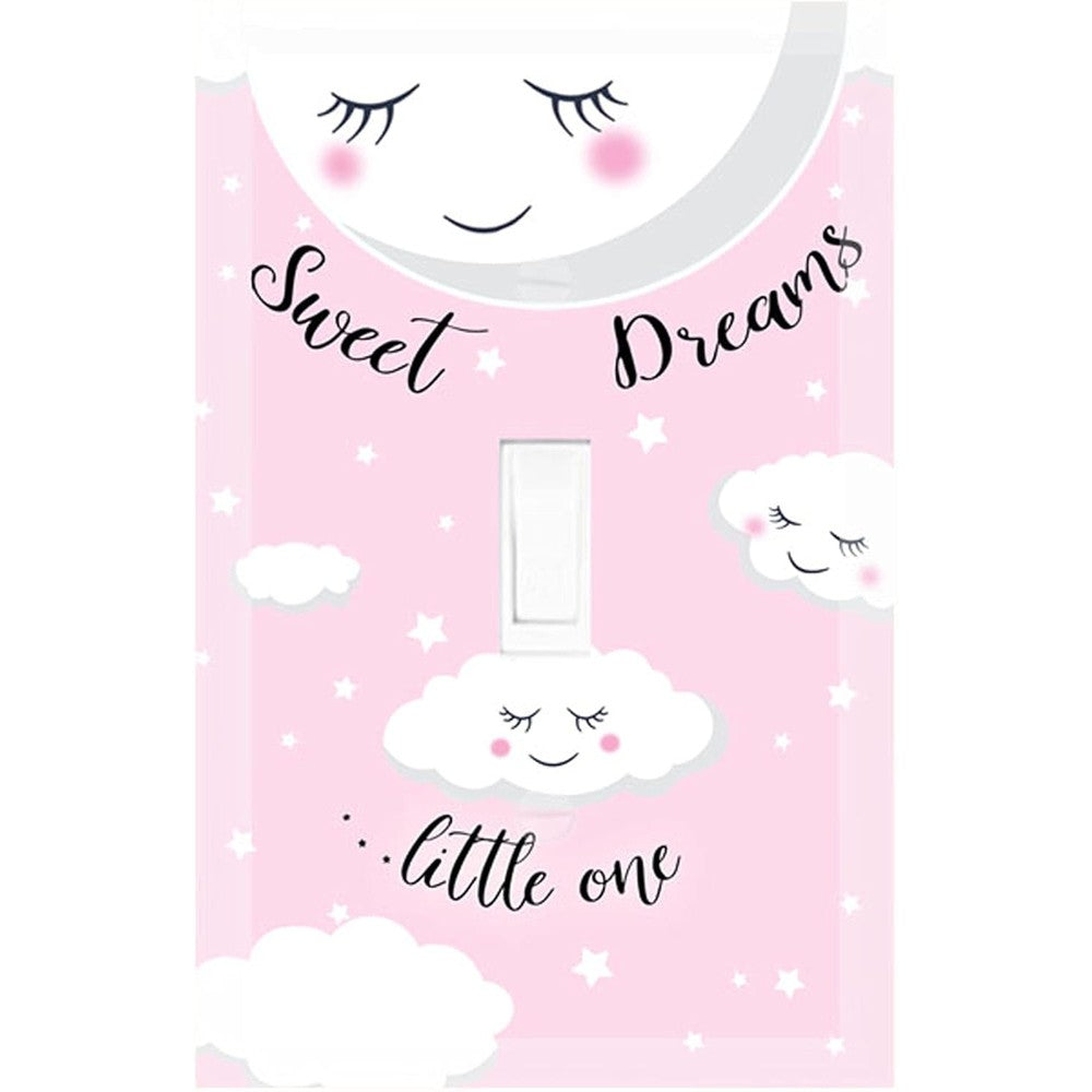 Create-A-Mural nursery light switch cover plate front view featuring pink moon and stars design.