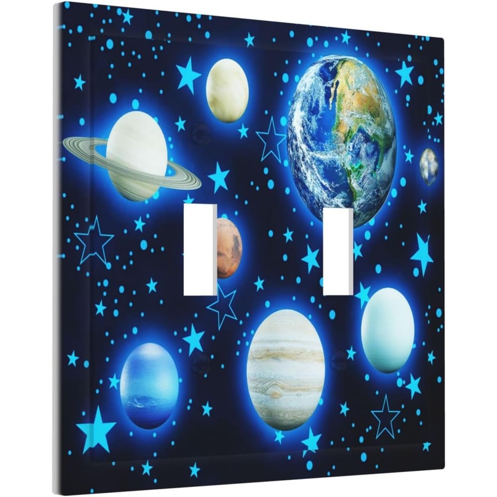 DJTRRF stars planet two gang light switch cover front view featuring blue solar system space design for nursery wall decor.
