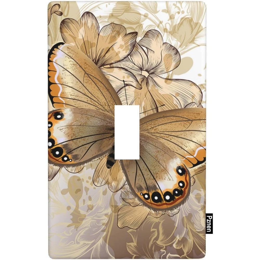 Pznen golden butterfly decorative single toggle light switch cover front view showing high gloss finish.