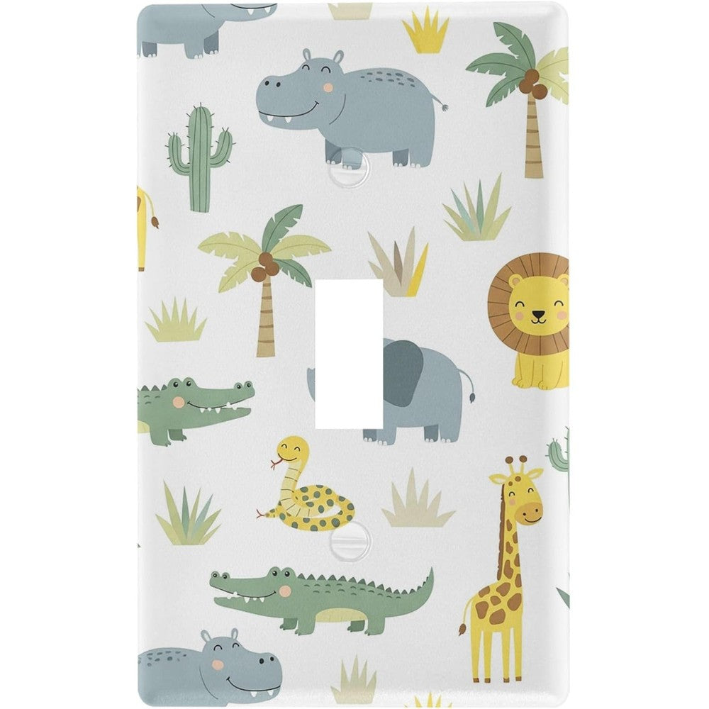 Pfrewn wild animals zoo toggle light switch wall plate front view with colorful jungle illustration for children nursery decoration.