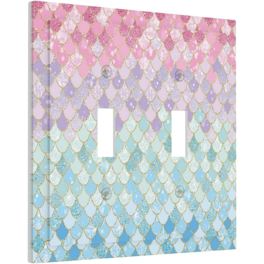 Xuejiaku colorful mermaid scales double toggle light switch cover front view showing vibrant blue pattern