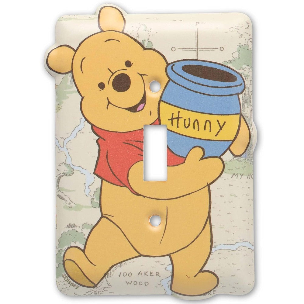 Open Road Brands Disney Winnie the Pooh metal light switch plate front view showing Pooh Bear with hunny pot.
