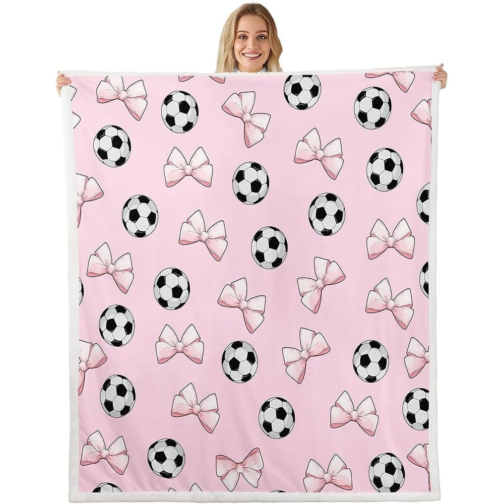 Jejeloiu soccer ball game sherpa blanket front view featuring preppy pink bowknot and football patterns for nursery decor