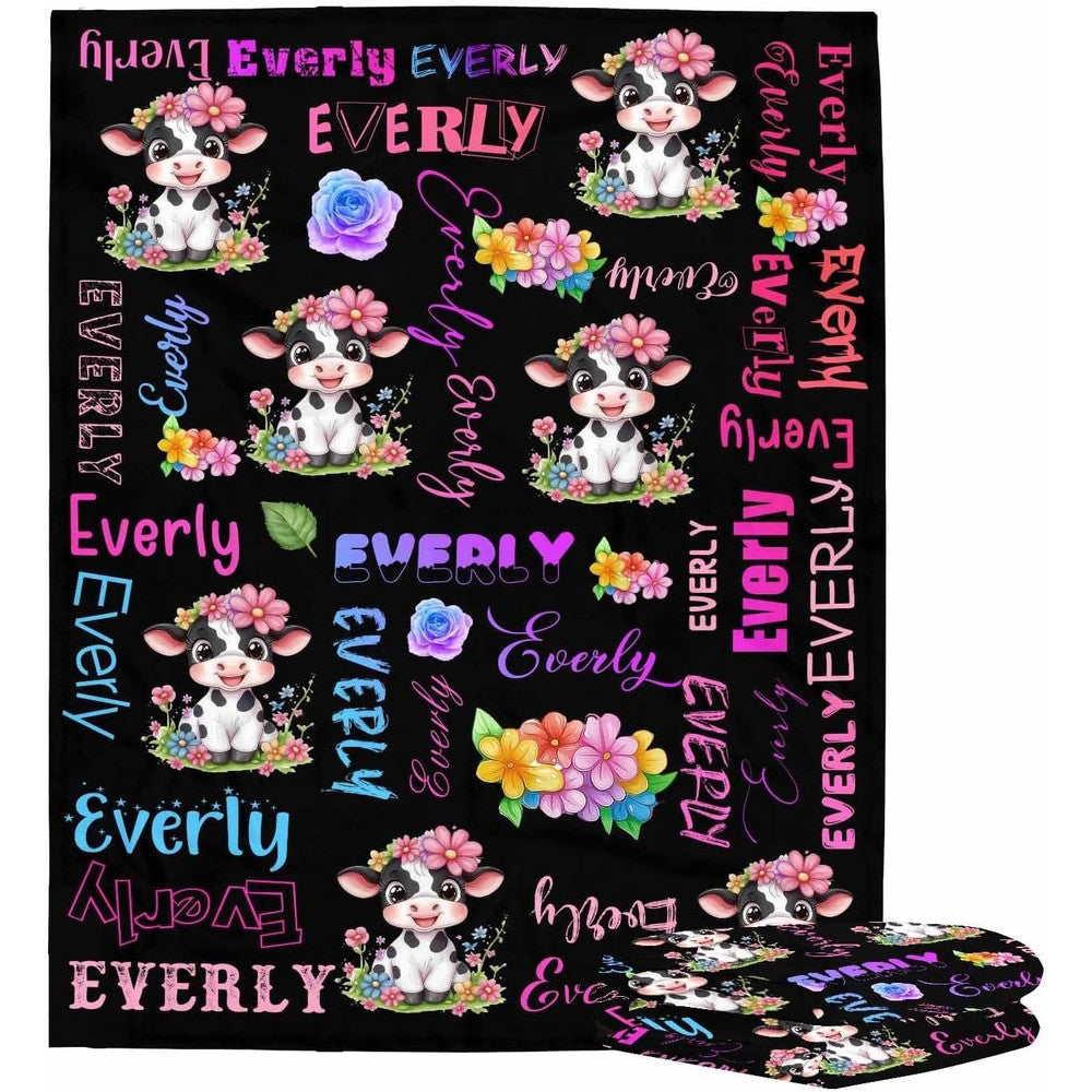 AOFUN personalized cow baby blanket front view showing cute pink floral motifs and custom text typography.
