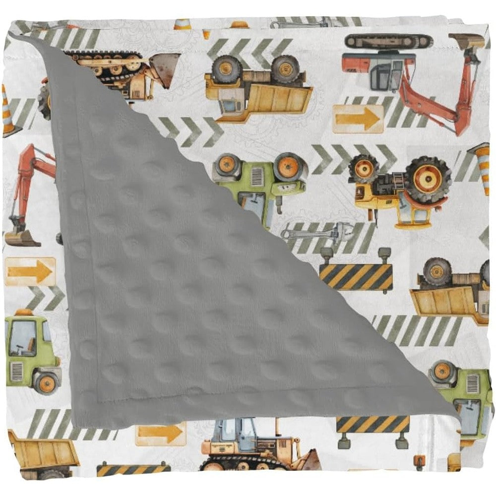 FIGEPO construction truck vehicle baby blanket front view showing excavator and tractor print