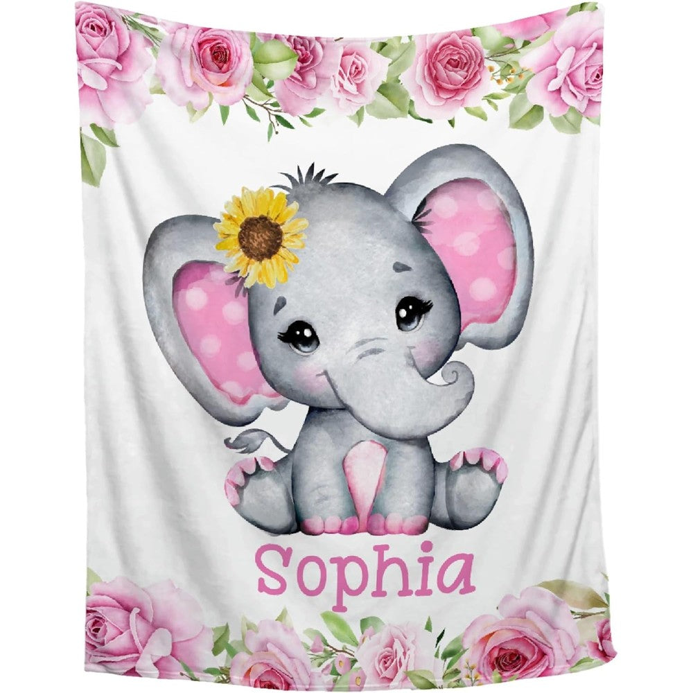 Abhibhu custom name blanket front view showing the personalized watercolor baby elephant design.