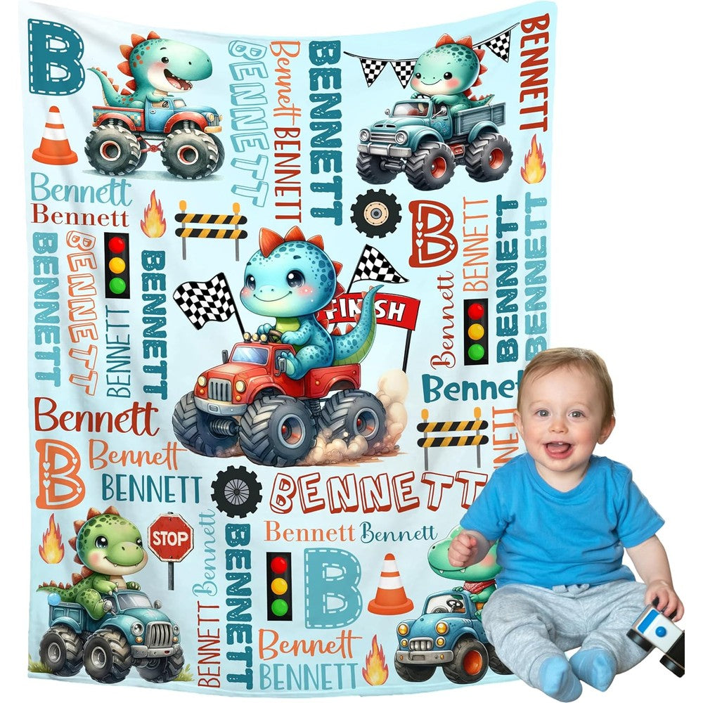 HYHSJY personalized dinosaur truck custom baby blanket front view featuring custom name print