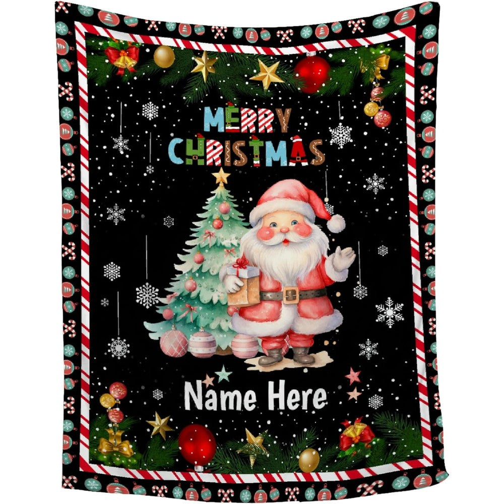 Sandilya personalized Christmas baby blanket front view displaying a customized name option with Santa Claus illustration.