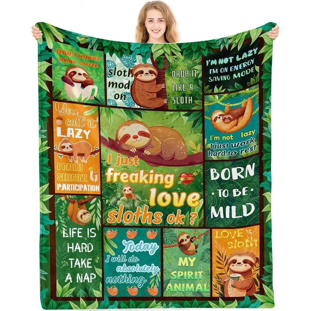 PIUFAM sloth blanket front view displaying cute printed sloths on premium flannel fleece