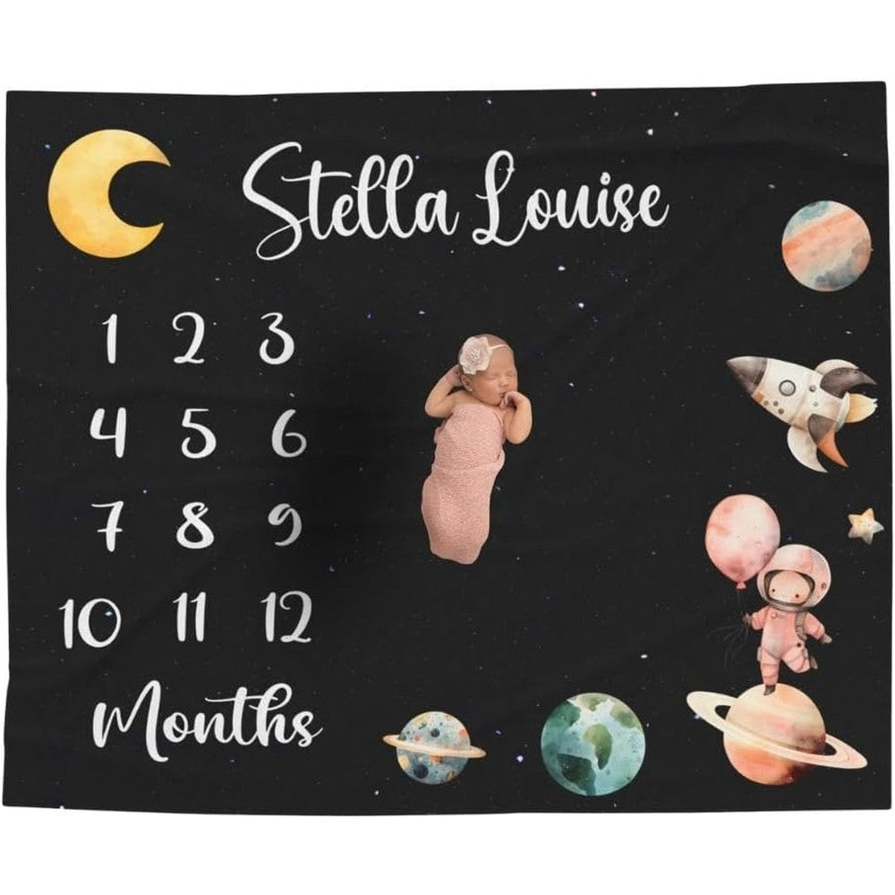 ZEBRA88 personalized space baby monthly milestone blanket front view featuring starry night background with astronaut and rocket graphics