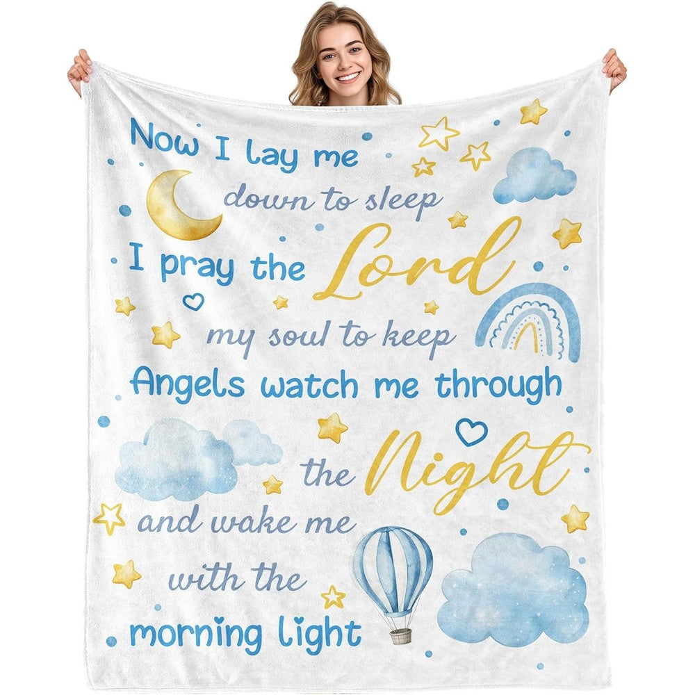 Aimego baptism gifts for boy blanket front view showing premium blue flannel fleece material.