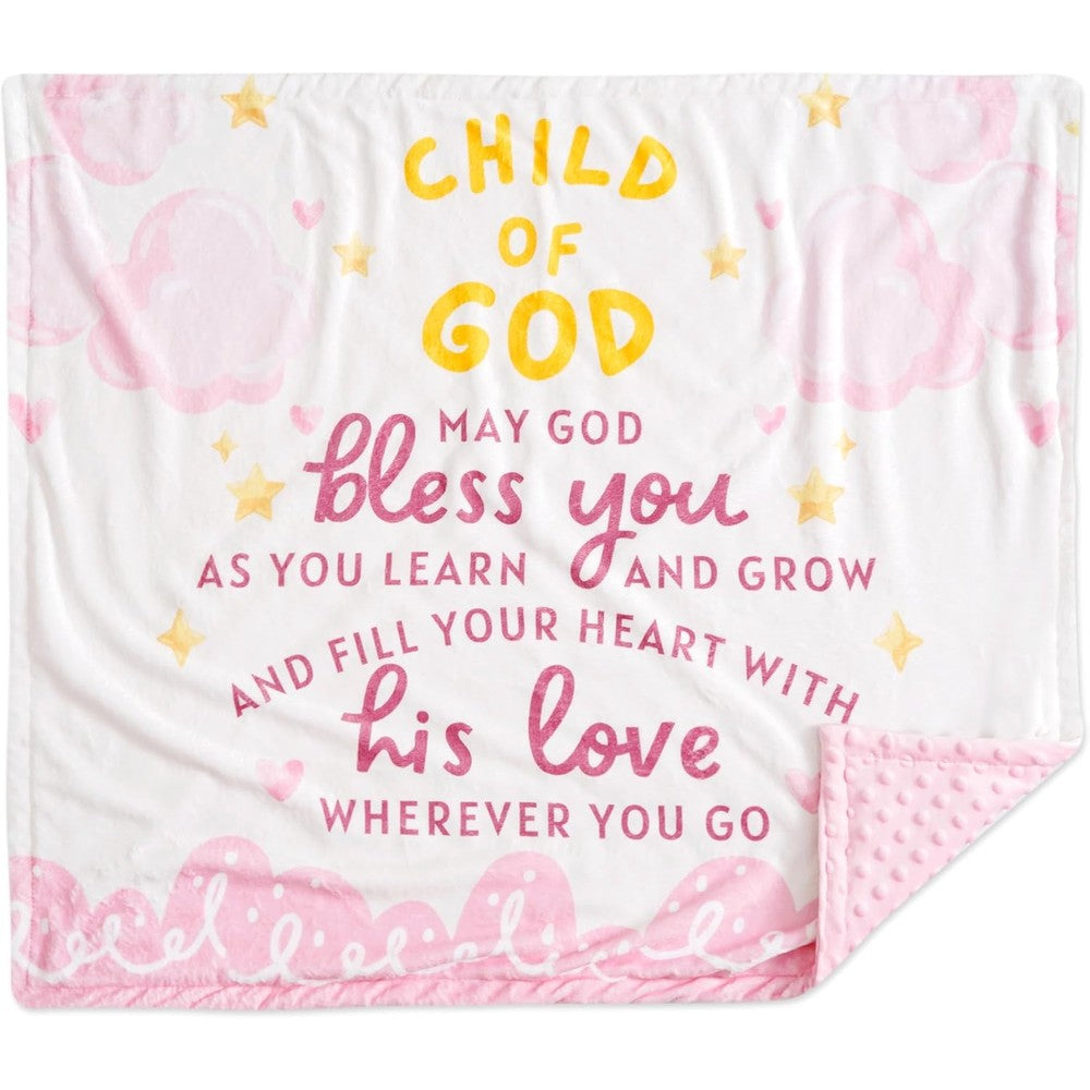INNObeta Child of God pink baptism blanket front view showcasing cloud graphics