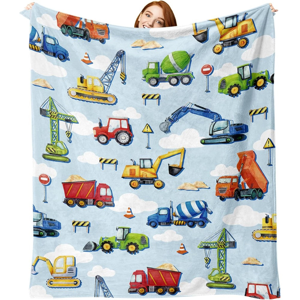 Paayna construction truck flannel throw blanket front view showing colorful excavator and dump truck patterns.