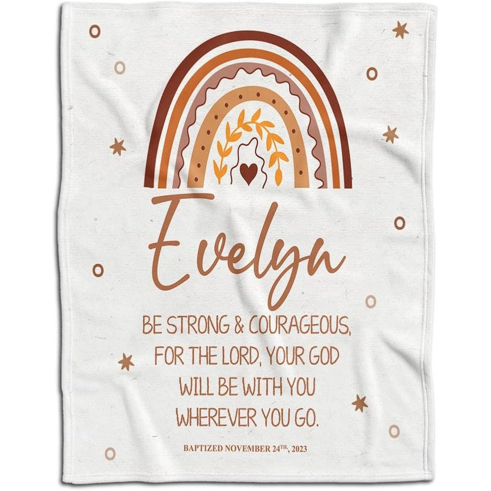 Zbigtee custom name baptism blanket front view showcasing personalized name and rainbow design