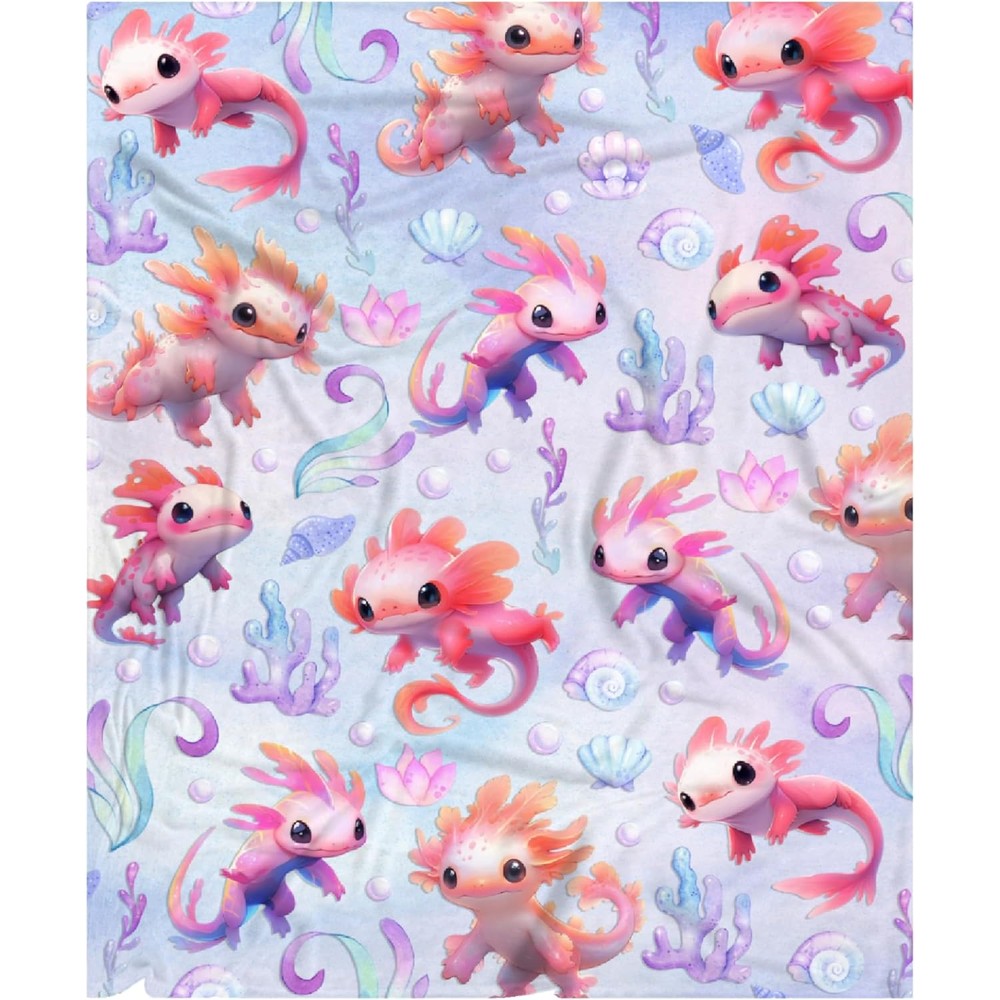 Nairatmya cute axolotls plush throw blanket front view featuring repeating pink cartoon salamander pattern