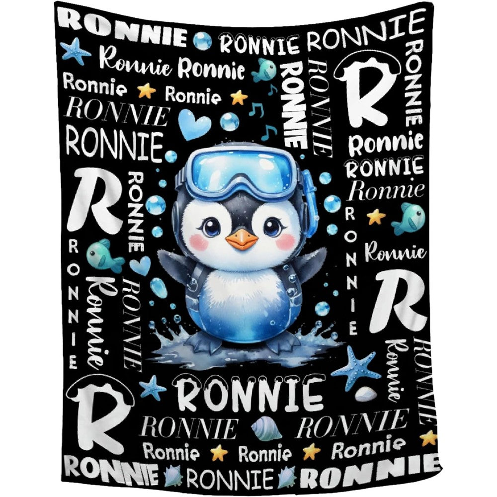 FUNBIRD Personalized Baby Blanket front view showing custom name print and cute cartoon penguin illustration.