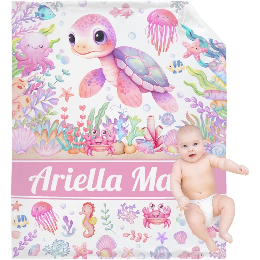 Generic personalized sea turtle baby blanket front view showing the custom name section and watercolor artwork.