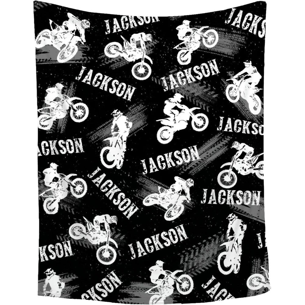 ZHONGKUI personalized dirt bike flannel blanket front view showcasing customizable motocross pattern