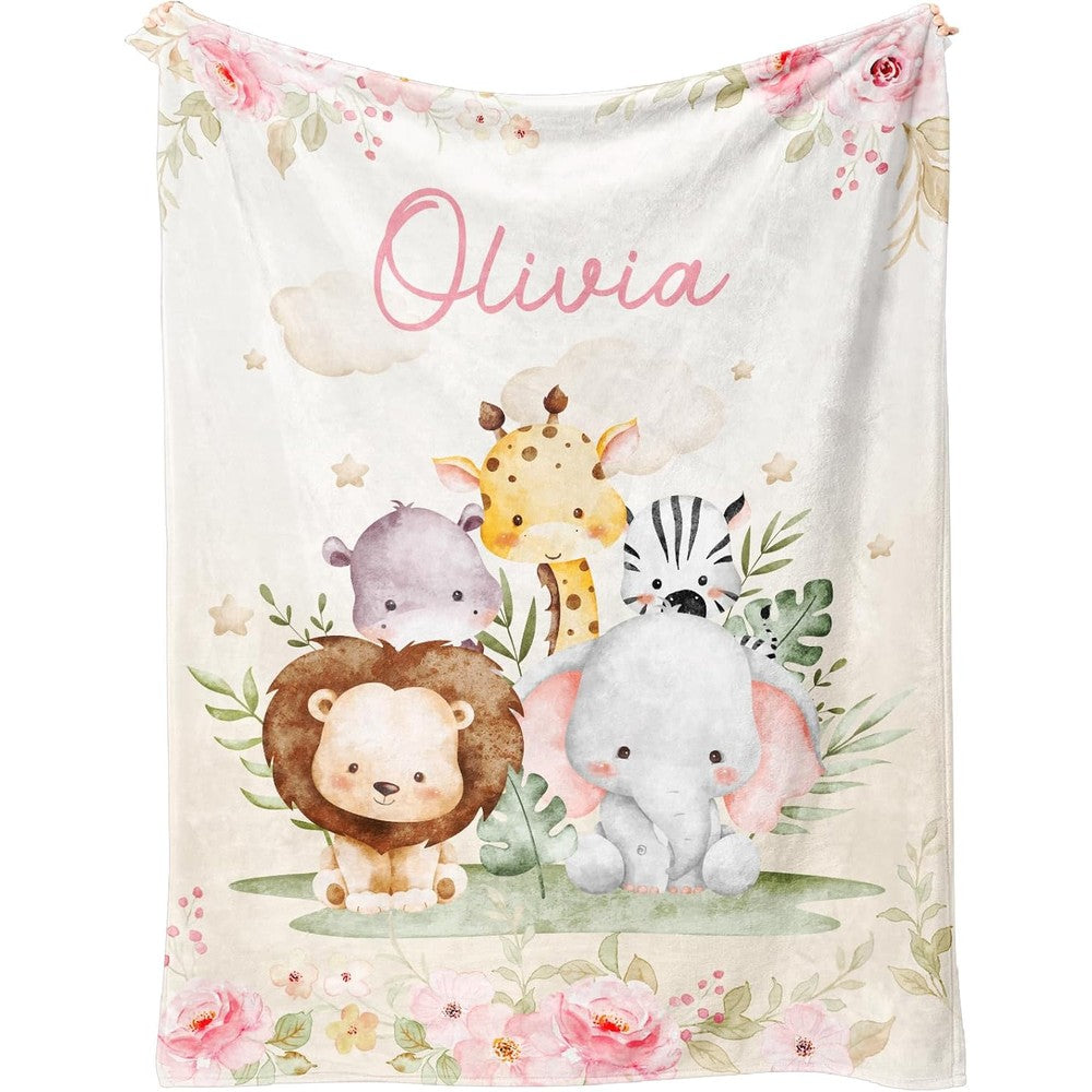 Azufemos personalized name blanket front view showcasing custom script text and safari animal designs.