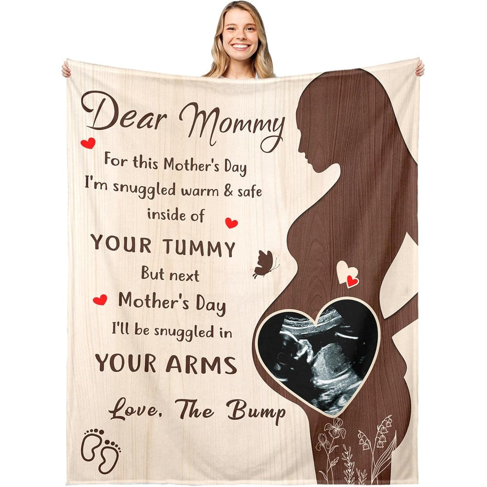 Custom Personalized Baby Ultrasound Photo Blanket front view showing pregnant silhouette and sonogram print.