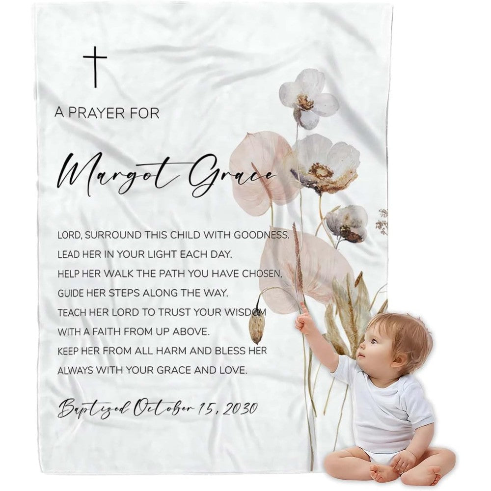 Handmade personalized christian baby blanket featuring a custom name and cross embroidery for baptism ceremonies.