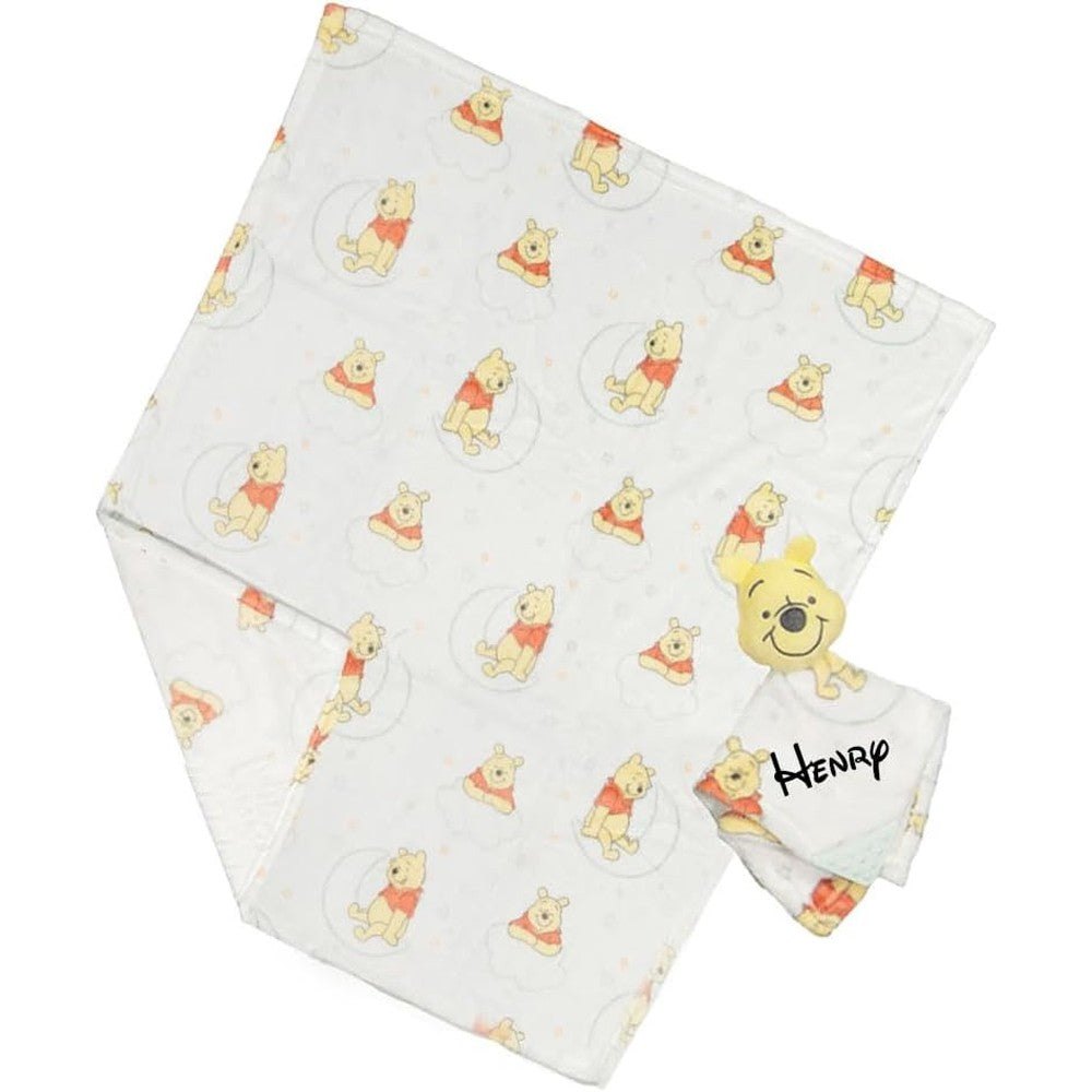 Disney Baby Winnie the Pooh blanket set front view featuring large ivory plush blanket and small lovey snuggler