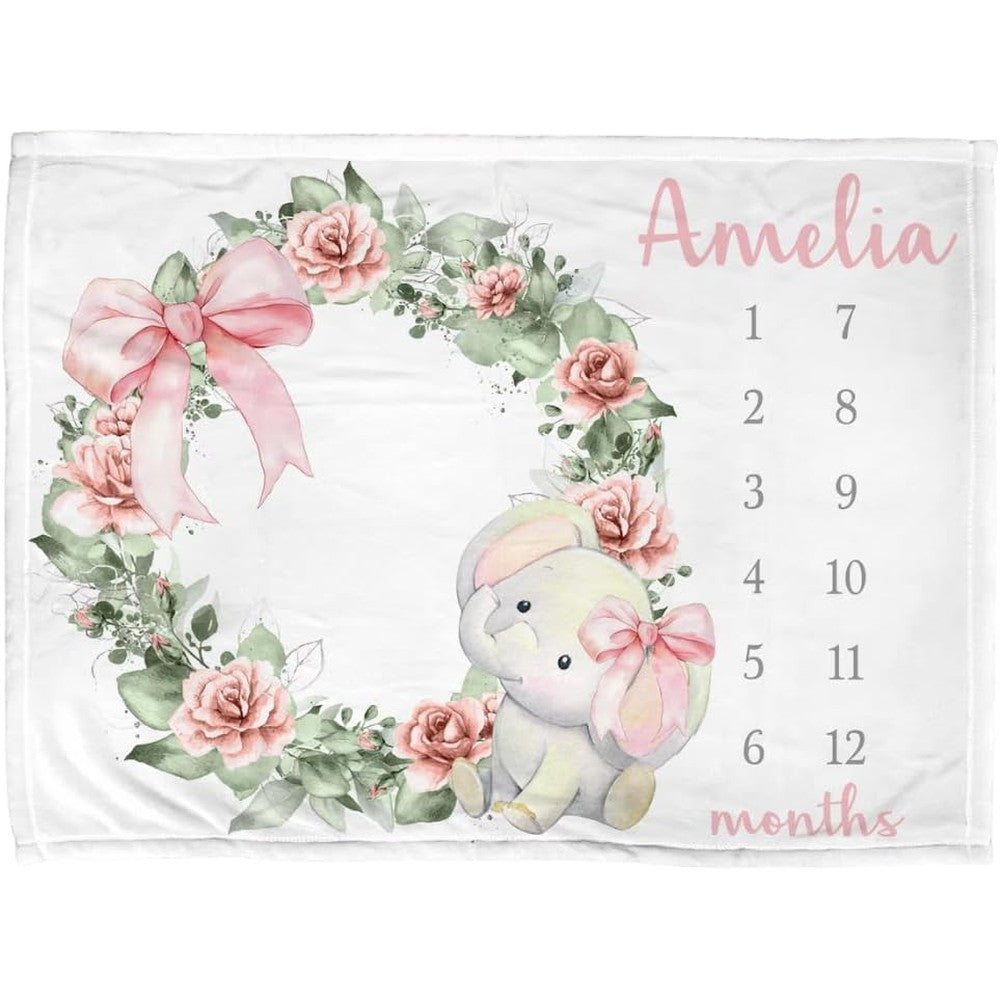 PUTALENG personalized baby milestone blanket front view featuring pink floral wreath and elephant growth chart