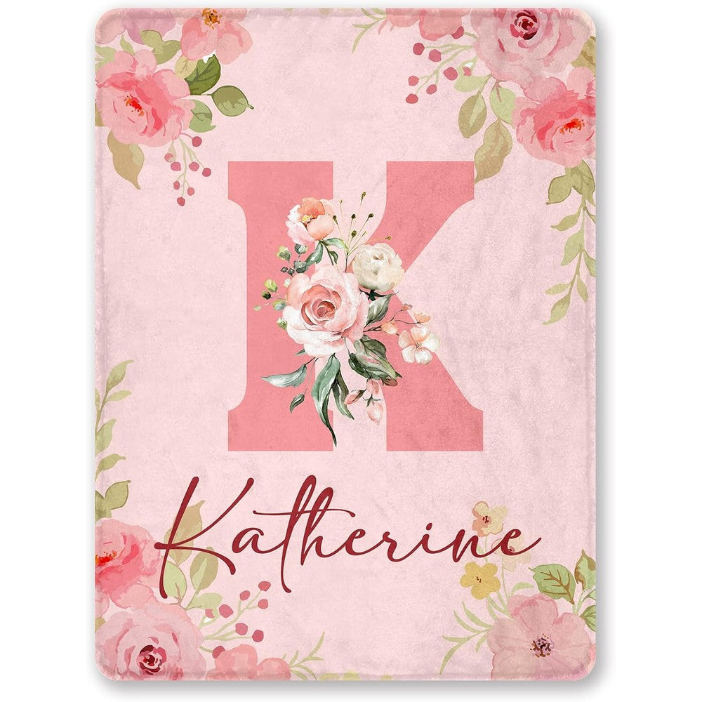 WATTNINE Custom Floral Name Baby Blanket front view showcasing the personalized watercolor flower letter K and Katherine name design.