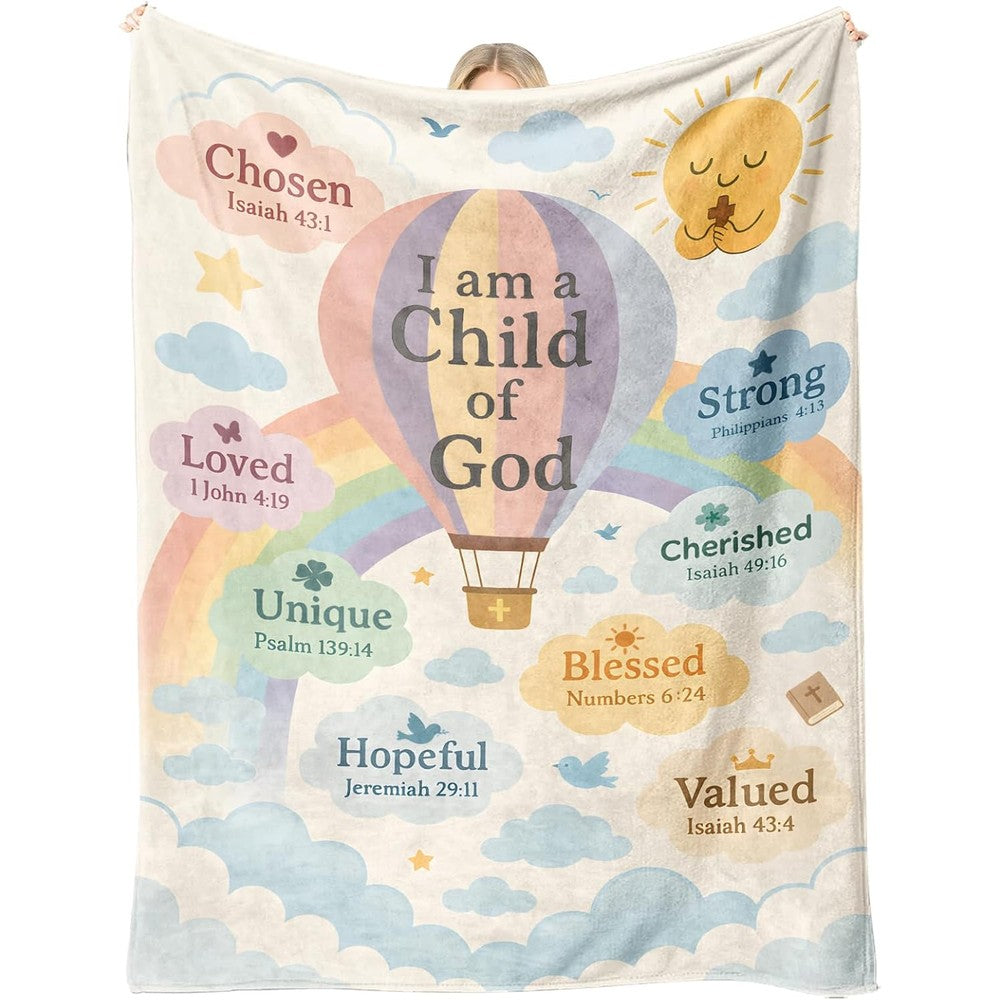 Sereni Tide I Am A Child Of God Christian Throw Blanket front view featuring pastel rainbow and hot air balloon design.
