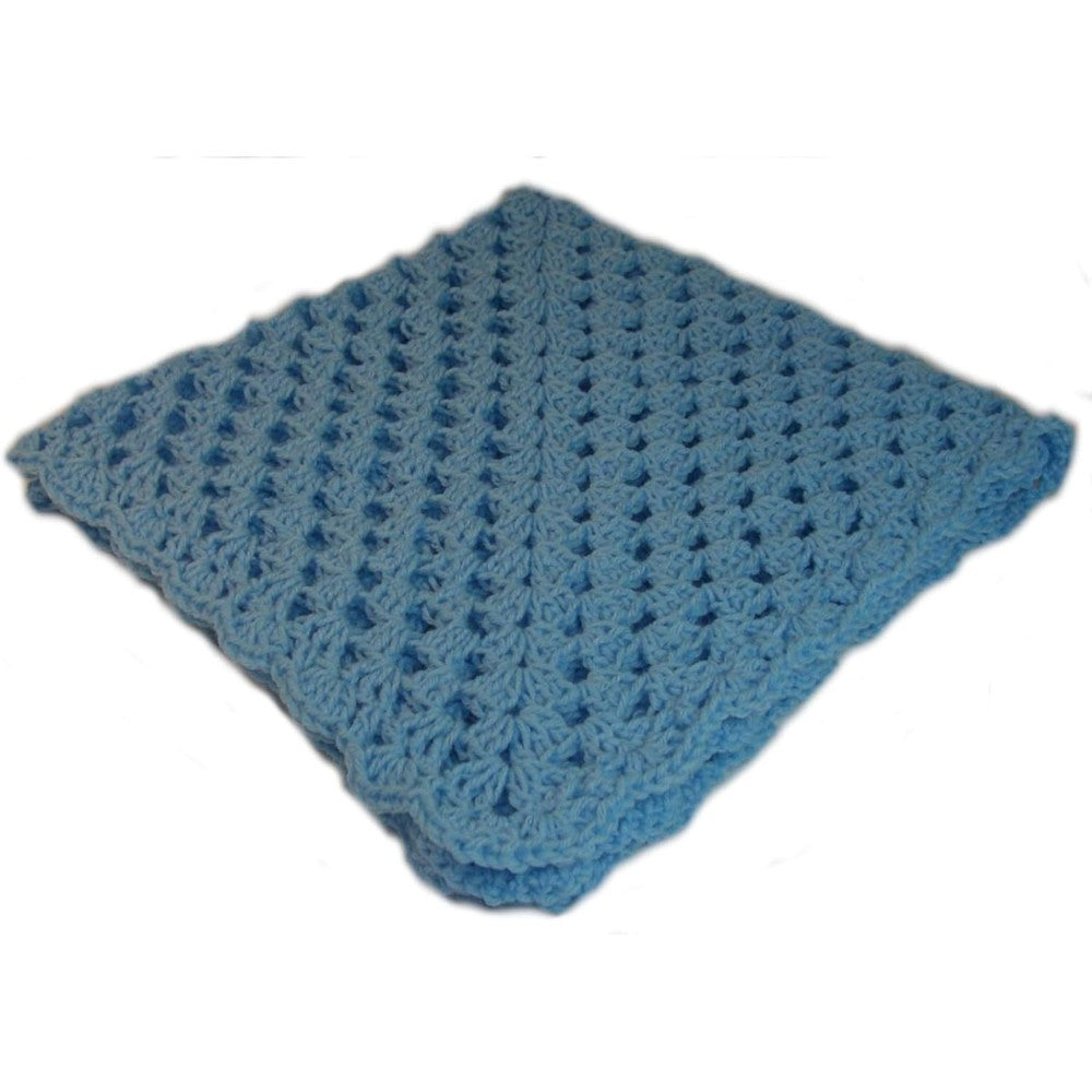 Handmade 4 Babies cozy crochet baby blanket front view showing intricate blue lacy pattern