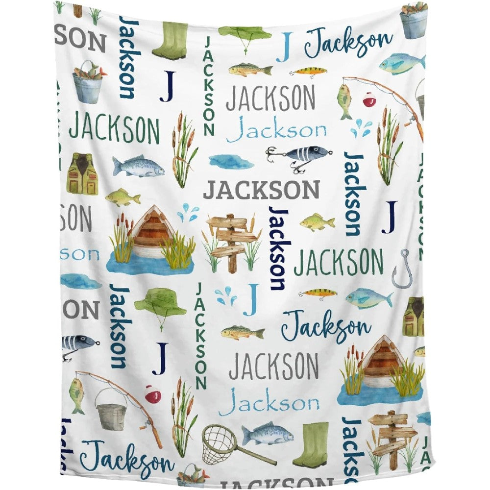 Buyyet personalized gone fishing blanket front view featuring custom name pattern for infants.