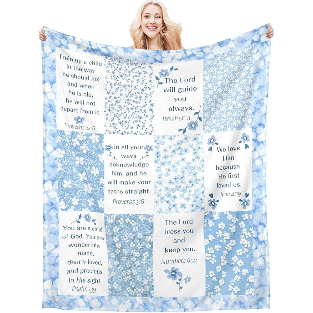 FOOZDEEVAAQ Christian throw blanket front view showcasing blue floral patchwork design and printed Bible verses.