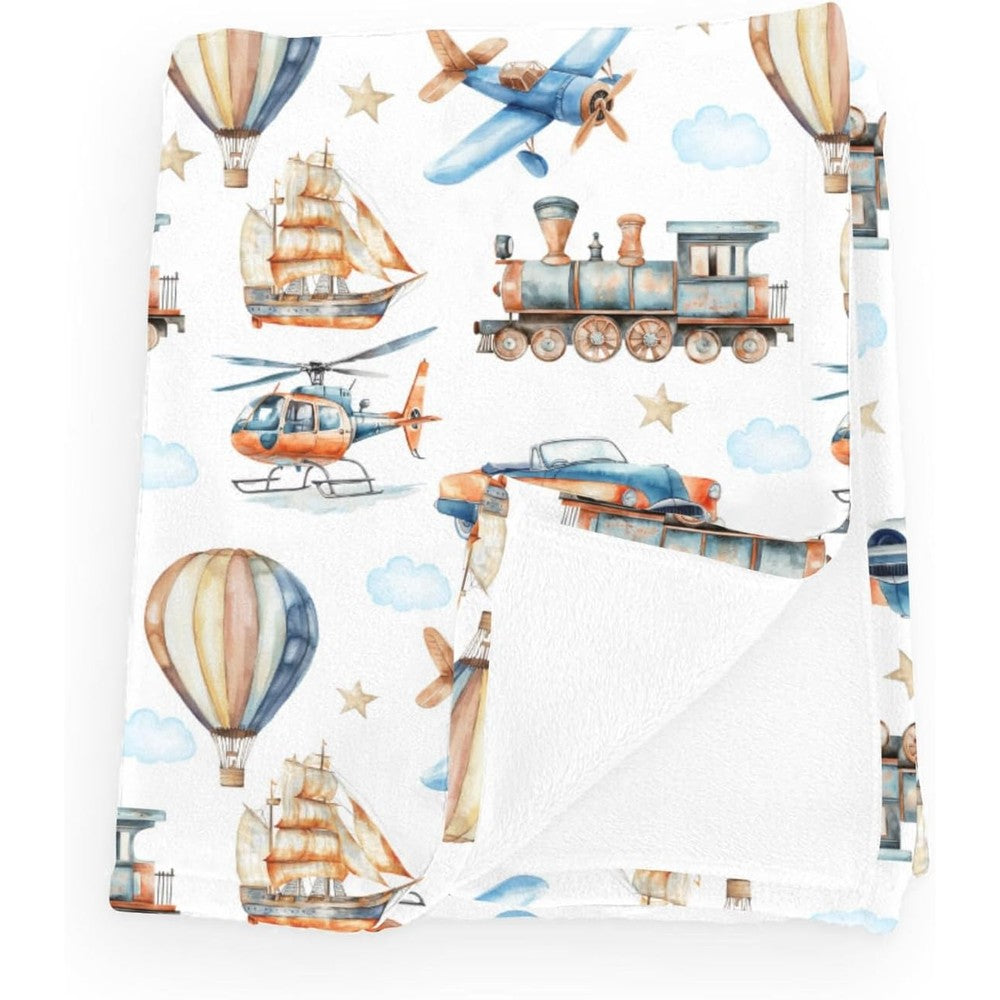 Wicbfdfv baby blanket front view showing watercolor vehicle pattern