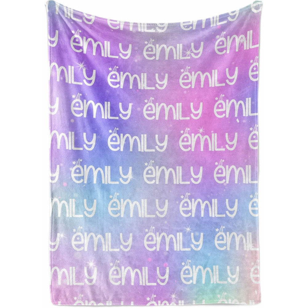 Personalized Living custom name fleece blanket front view showcasing soft purple galaxy design