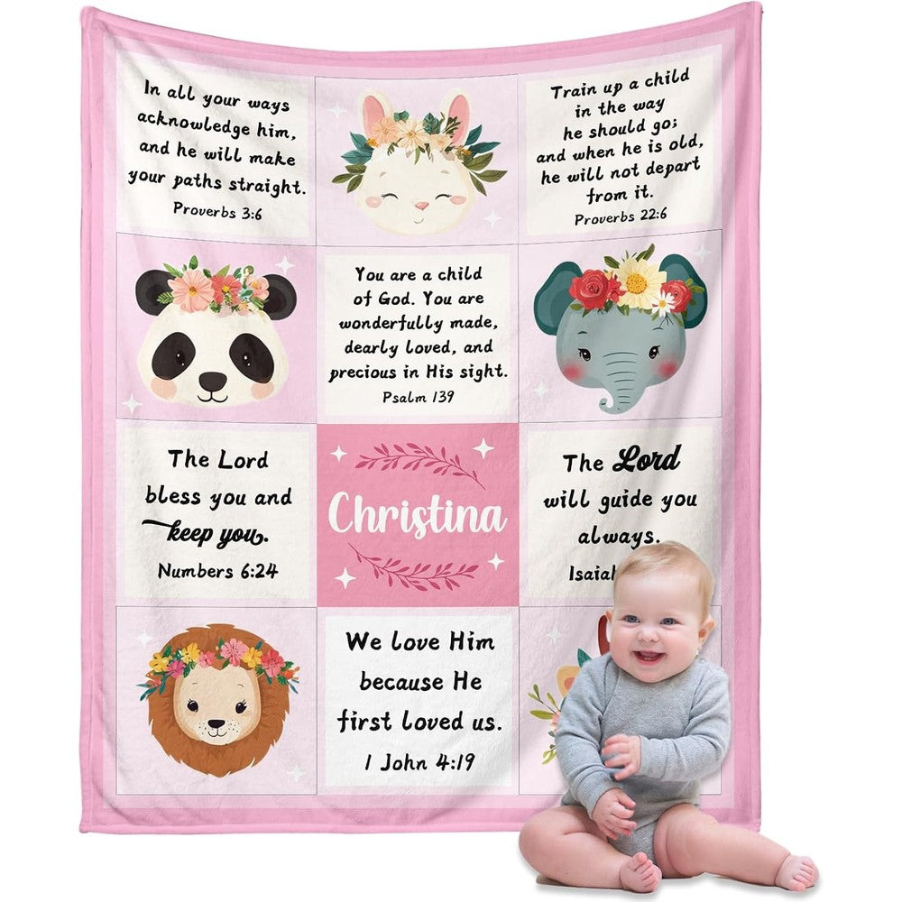 Generic personalized christian baby blanket front view showing custom name section and bible verse illustrations