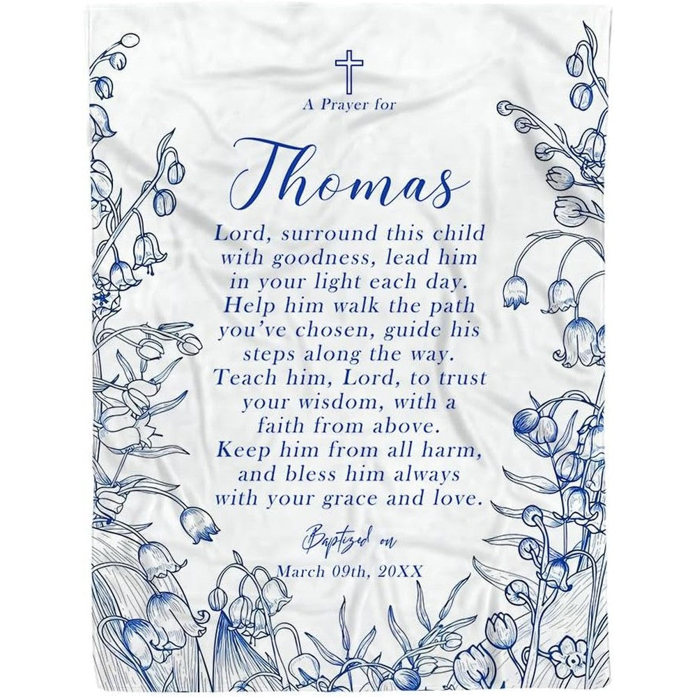 Handmade Putaleng custom cross baptism blanket front view showcasing personalized prayer text and blue floral borders
