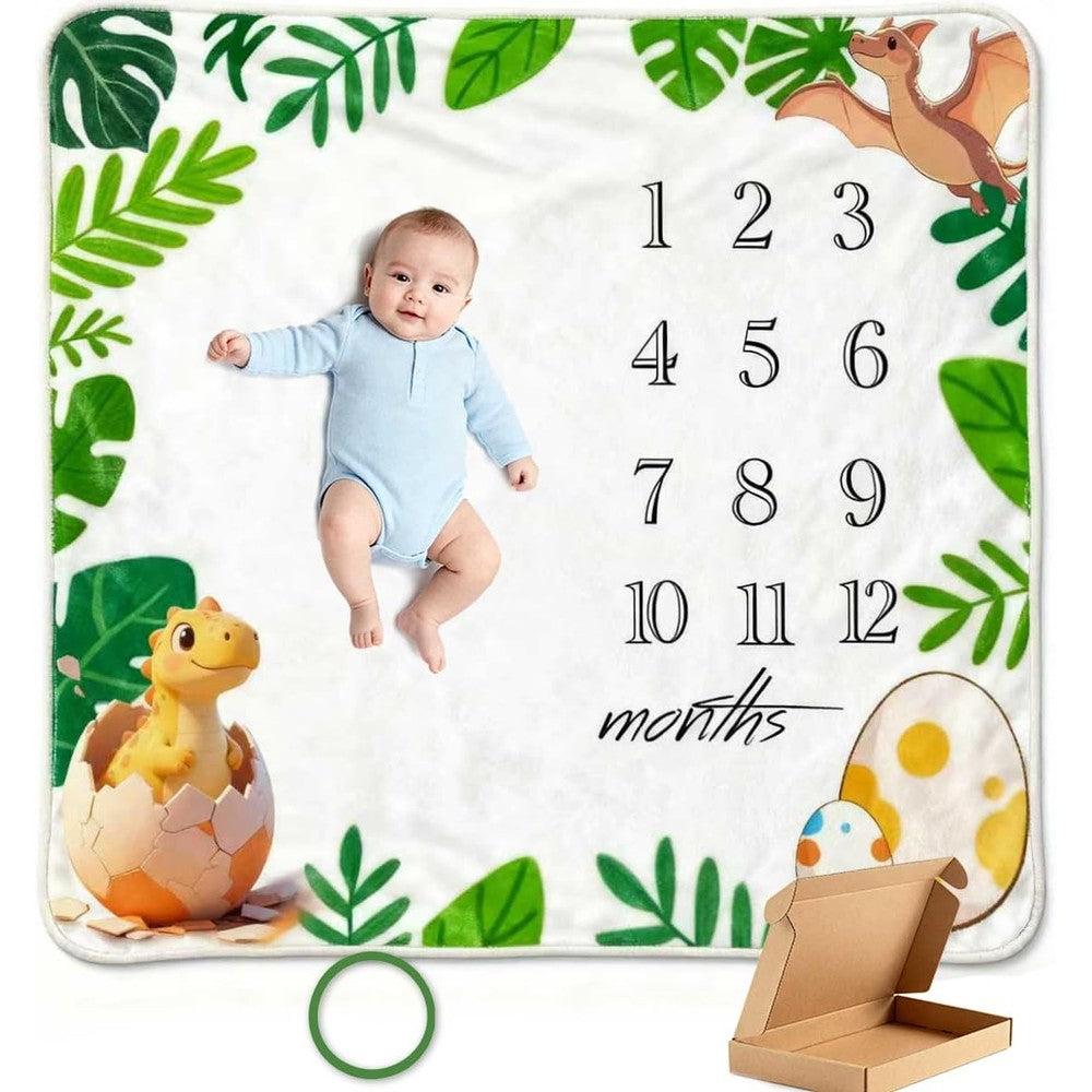 JIX SDFFAY baby monthly milestone blanket front view showing dinosaur print numbers and growth prop frame