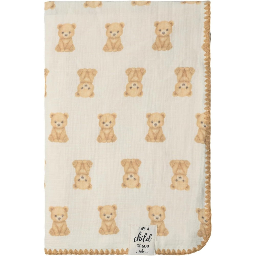 Generic Christian baby blanket front view featuring beige and white teddy bear pattern organic cotton muslin.
