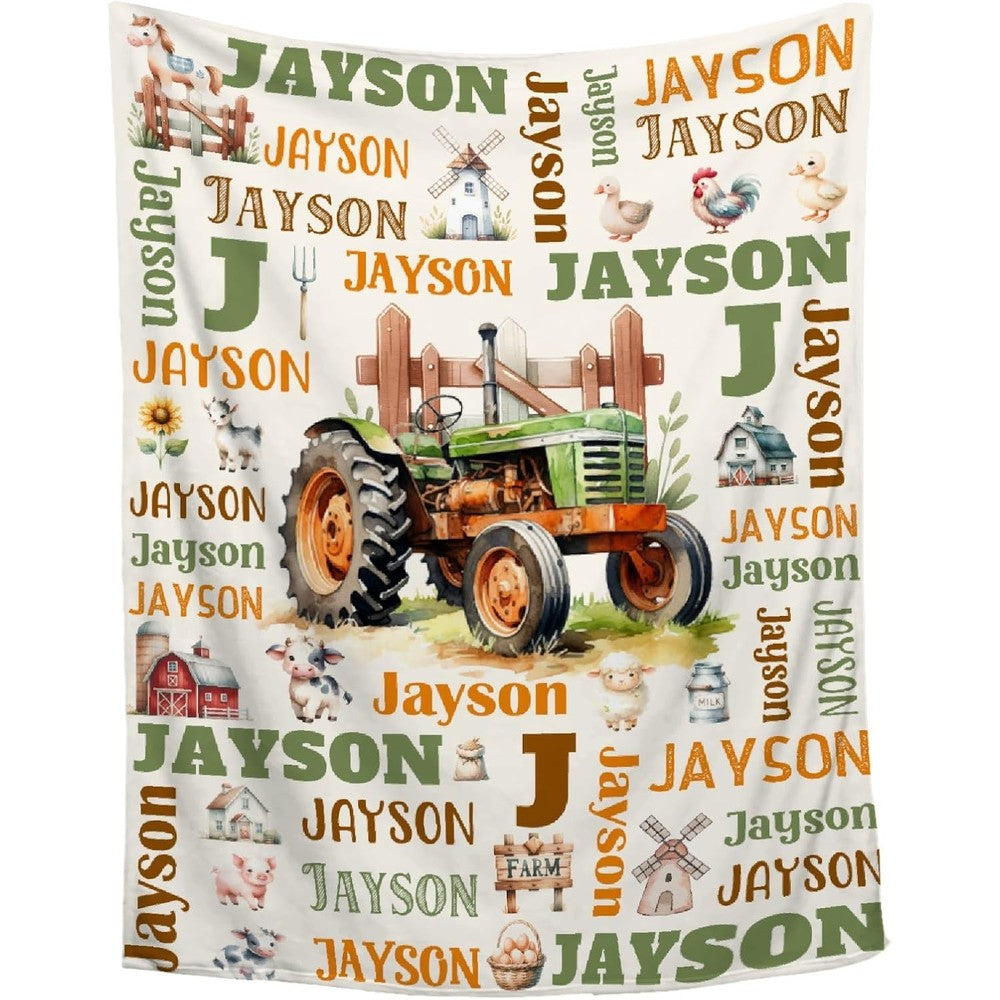 Sandilya personalized tractor baby blanket front view showing custom name print.
