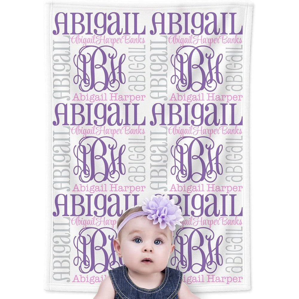 CarefreeTees personalized baby girl blanket front view featuring custom purple vine monogram design.