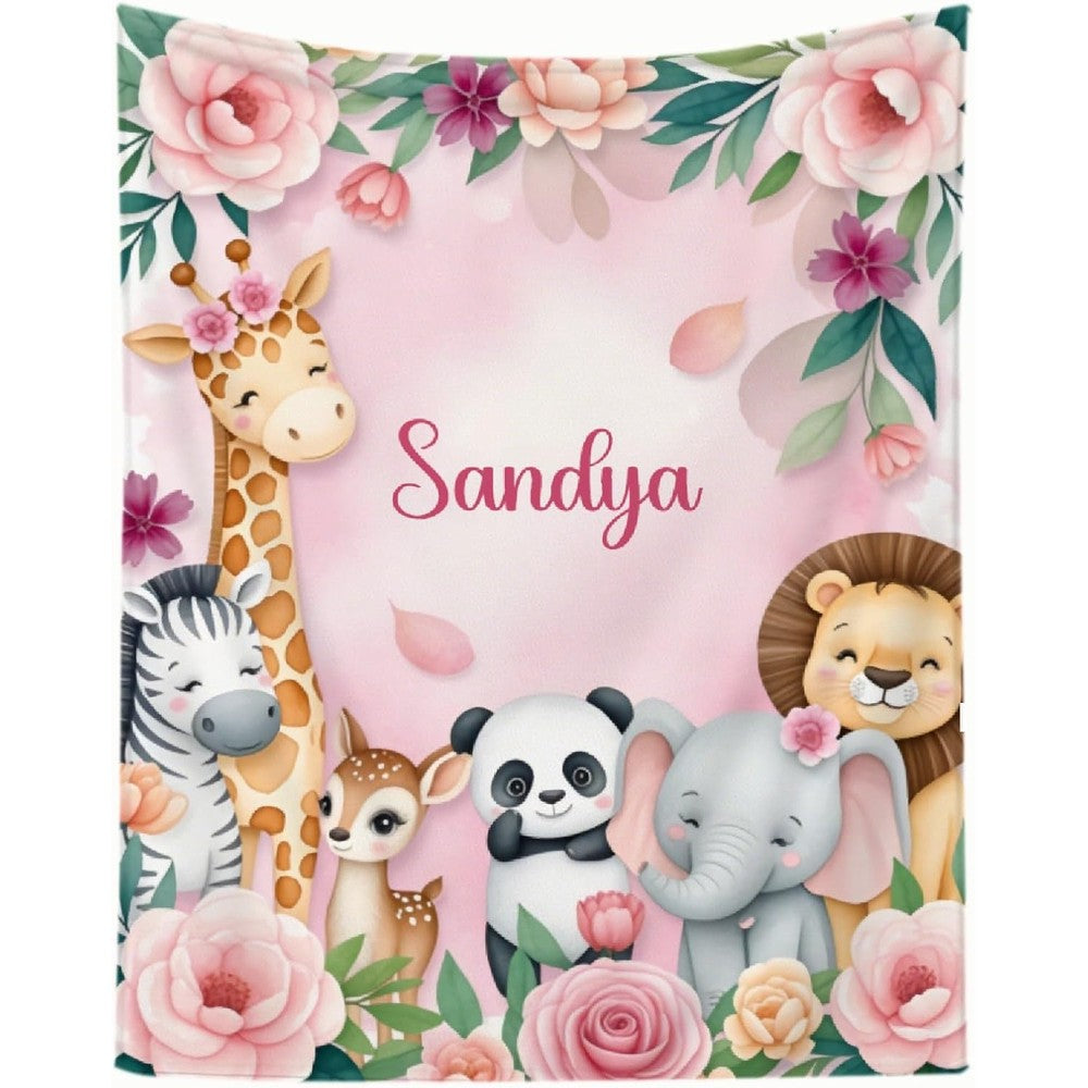 Custom personalized baby blanket front view showing watercolor giraffe lion and elephant safari theme.
