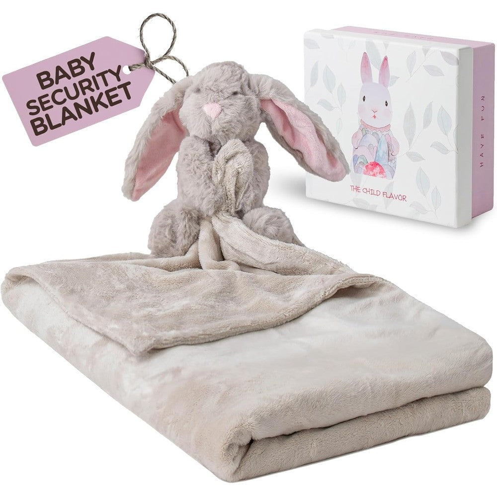Plumbrunic bunny lovey security blanket front view showing the soft pink Rosa fabric and plush stuffed animal head.