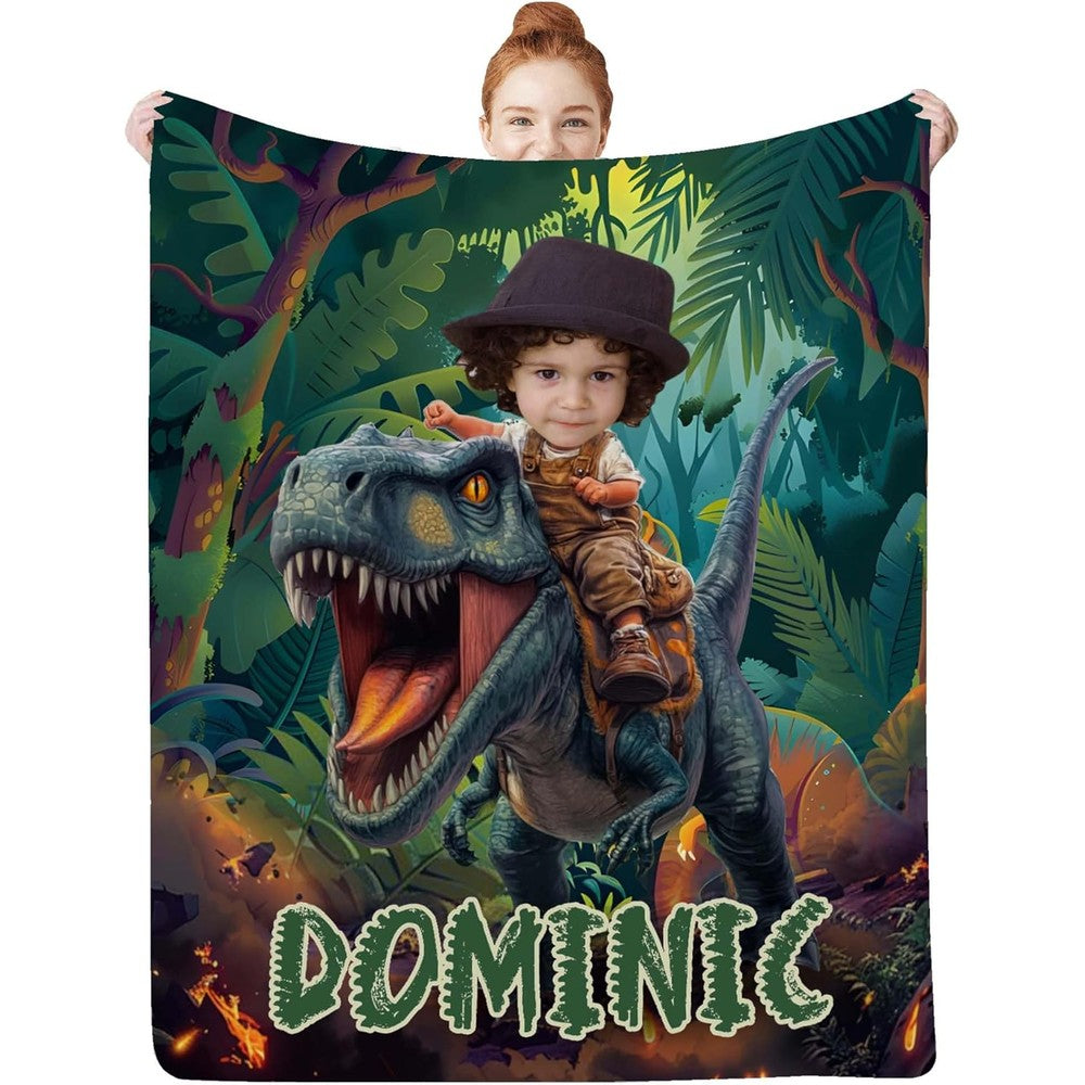 Artsadd Personalized Dinosaur Blanket front view featuring custom photo face and name